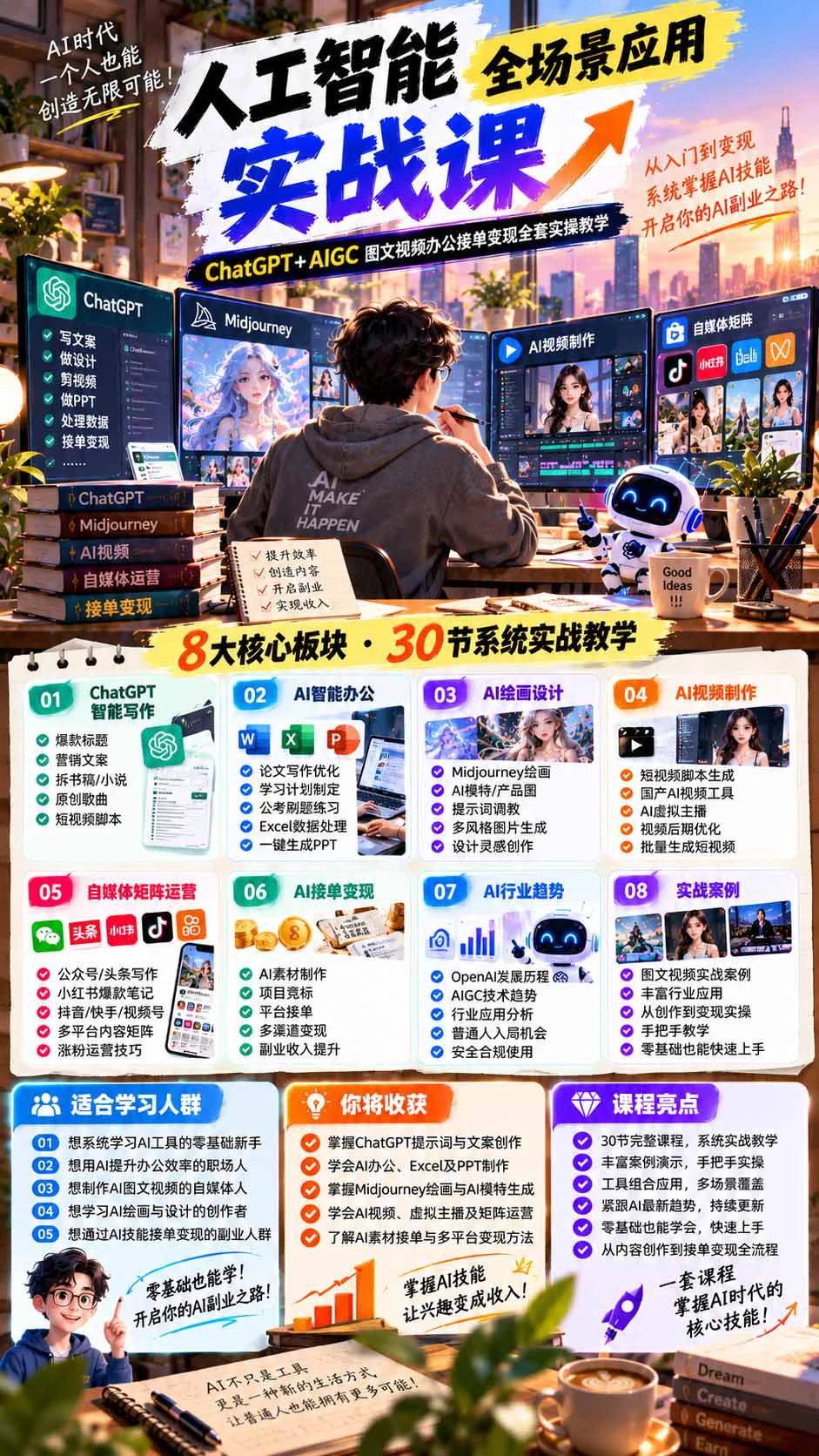 AI全场景实战30讲：写作·绘画·虚拟主播·自媒体矩阵运营-第二曲线